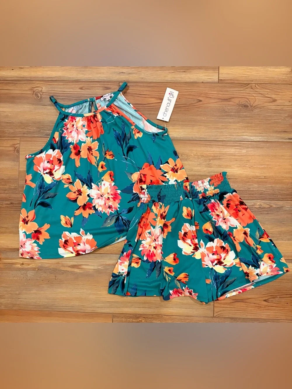 Chenault Girl Teal Floral Tank Top & Shorts Set for Girls